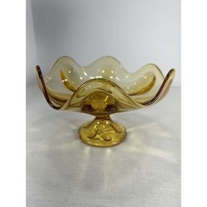 Vintage Viking Epic Glass Amber 6 Petal Footed Pedestal Candy Glass Dish MCM